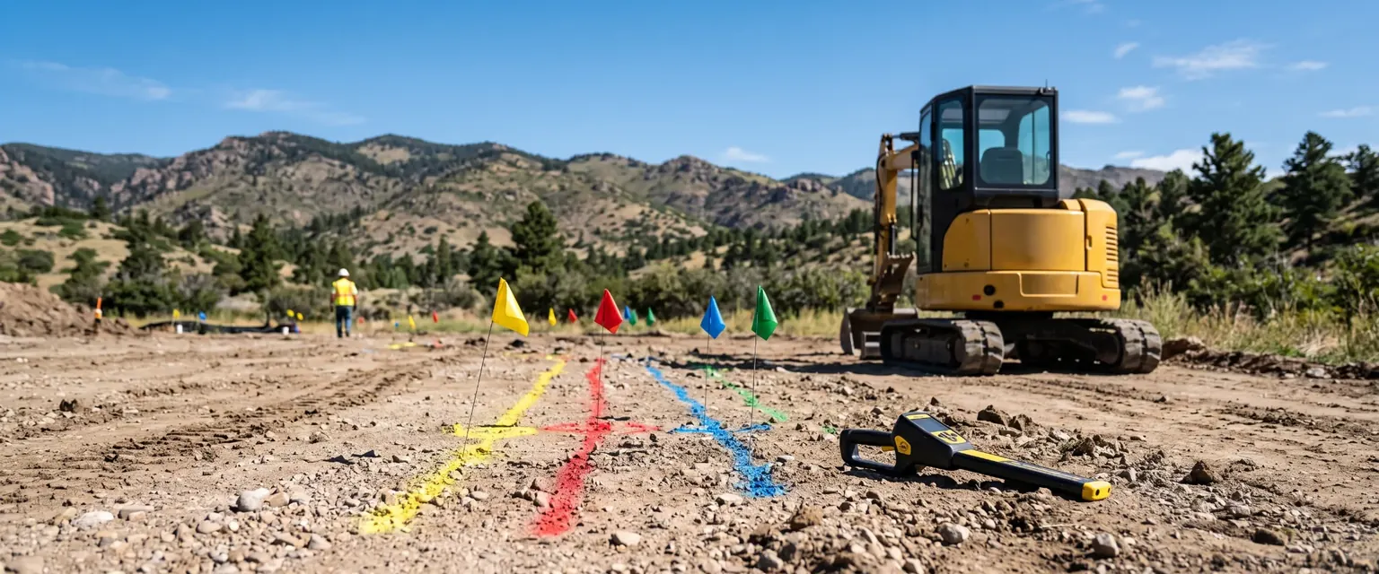 Generated image: a lot marked with colored locate flags and paint lines with a compact excavator waiting at the edge