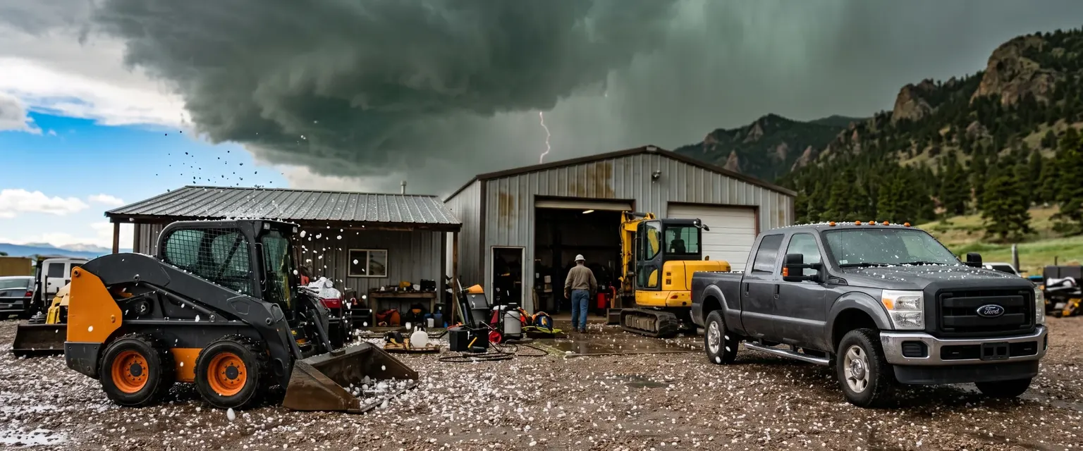 Generated image: an equipment yard under a dark hail cell with hail bouncing off a skid steer and a pickup