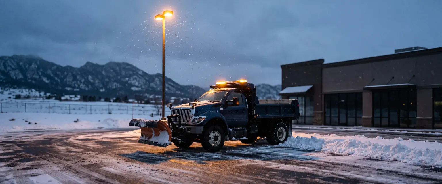 Generated image: a plow truck under a parking-lot lamp before dawn with a windrow along the lot edge