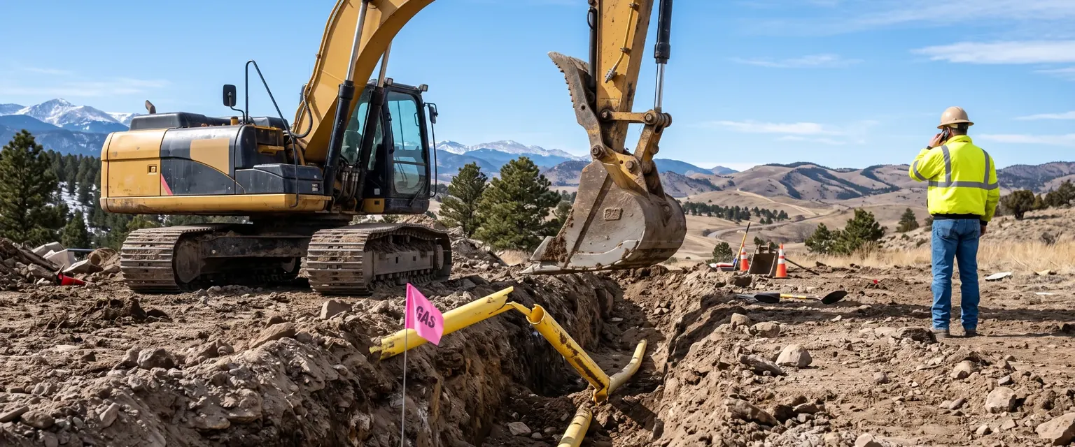 Generated image: an excavator bucket stopped beside a broken yellow gas line in a trench while the operator stands back on the phone