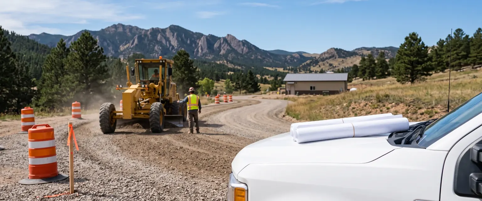 Generated image: a motor grader on a county gravel road with orange barrels, a survey stake, and a pickup with plans on the hood