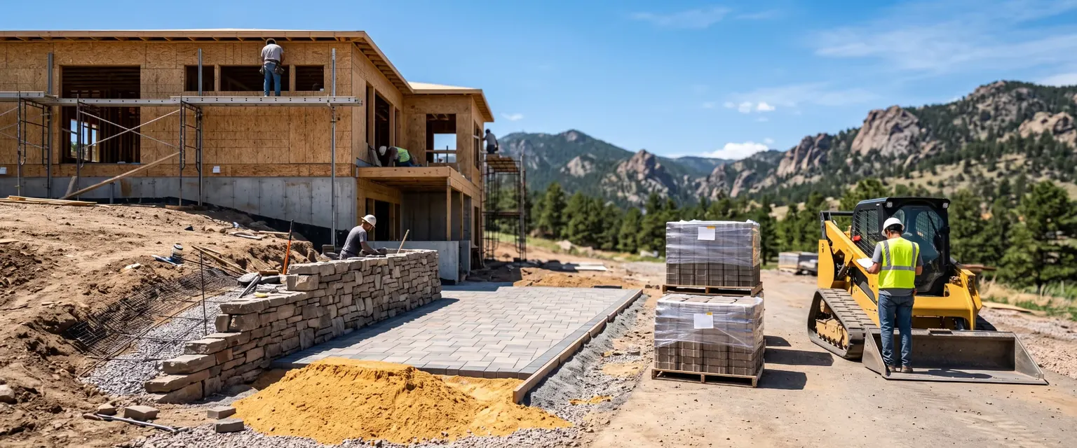 Generated image: a half-built stone wall and paver patio behind a house under construction with pallets of pavers and a track loader