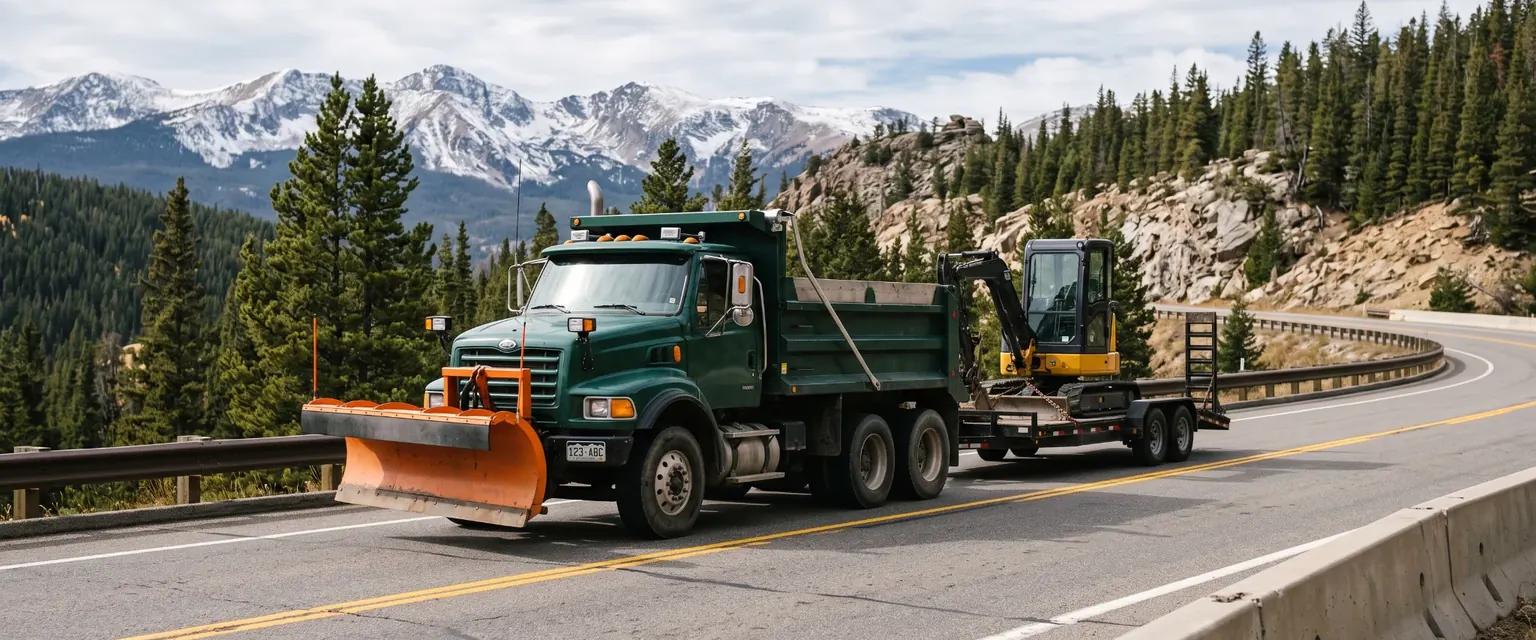 Generated image: a dump truck with a plow mount and a trailer hauling a mini excavator on a mountain highway