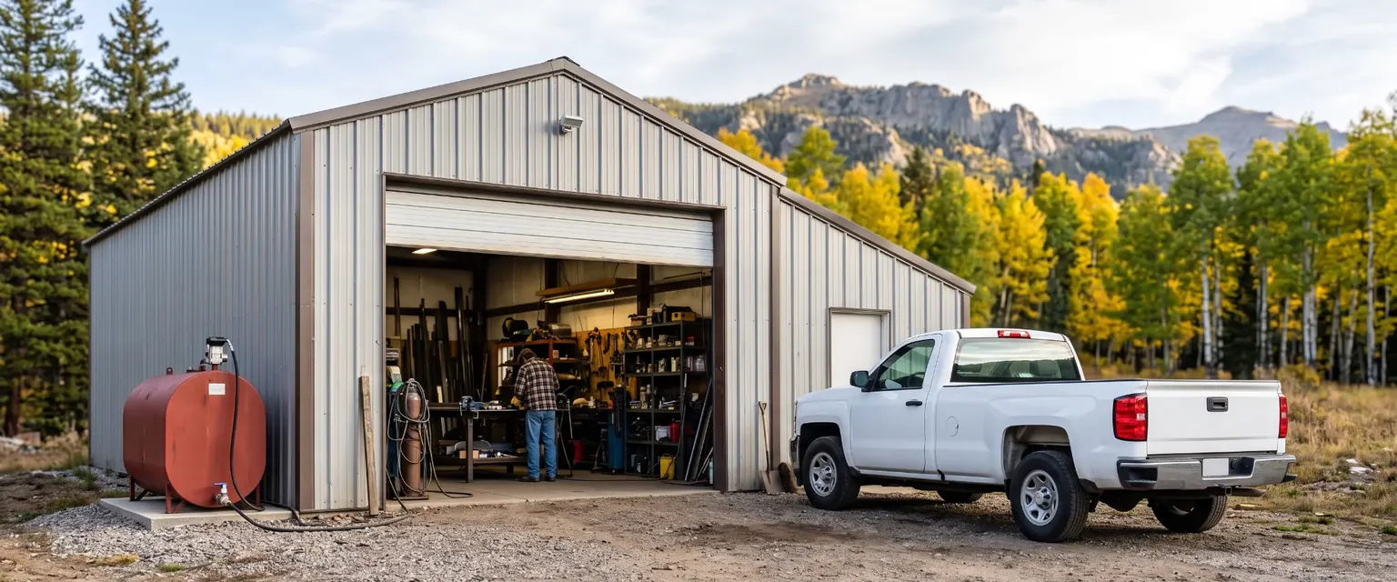 Generated image: a small contractor shop with a roll-up door, a work truck, a fuel tank, and tools on shelves inside