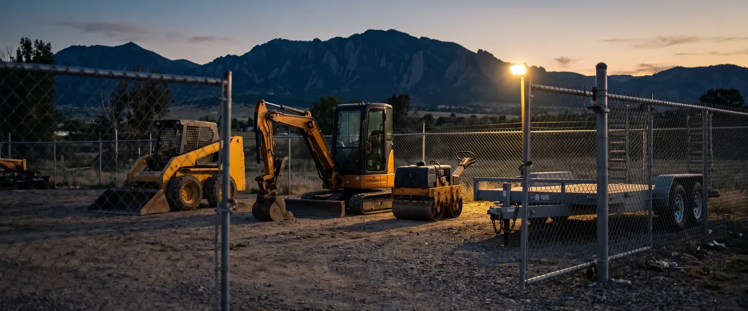 Generated image: an equipment yard at dusk with a roller, an excavator, a dump truck, and a trailer behind a chain-link fence