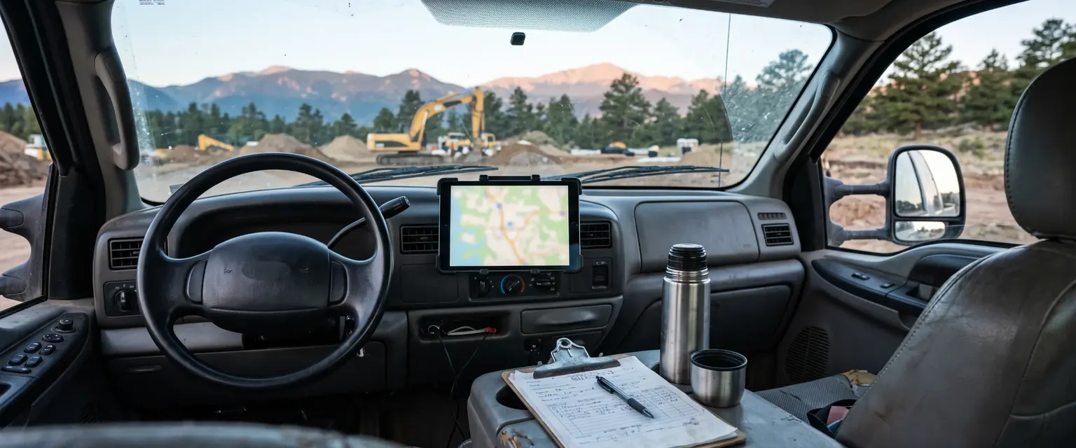 Generated image: a pickup cab at dawn with a tablet and clipboard on the dash and an excavator on the site through the windshield