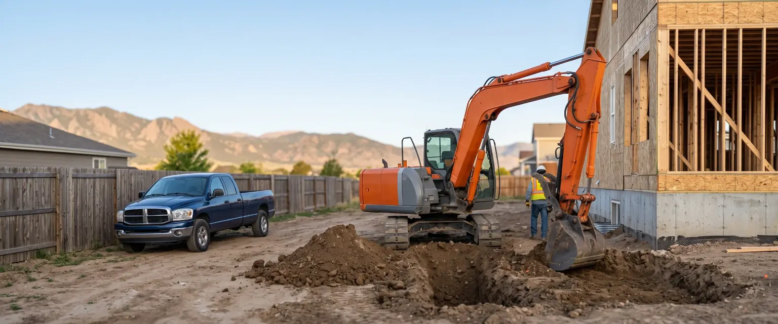Generated image: an excavator digging beside a house foundation with a neighbor's fence and a parked pickup close to the cut