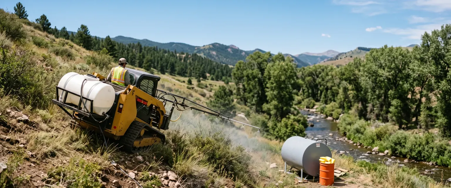 Generated image: a skid steer with a sprayer tank on a hillside above a small creek with drift haze in the air