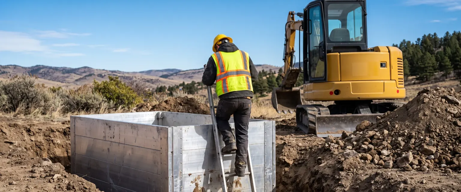 Generated image: a laborer in a hard hat and vest climbing out of a shored trench beside a compact excavator