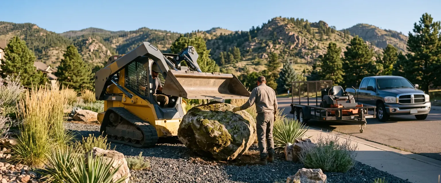 Generated image: a compact track loader setting a moss-rock boulder in a xeric Front Range yard with a mower trailer at the curb