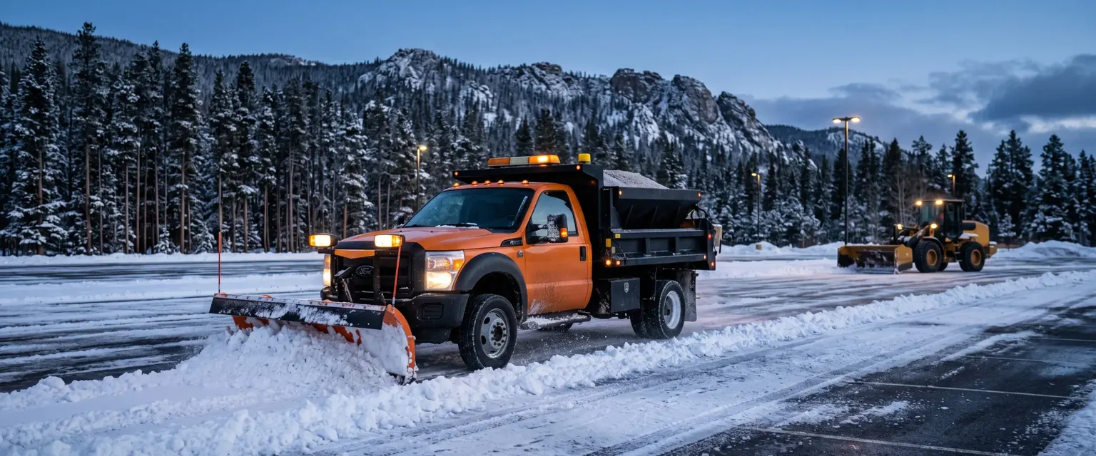 Generated image: a plow truck pushing a windrow across a commercial lot at first light with a loader and pusher box behind