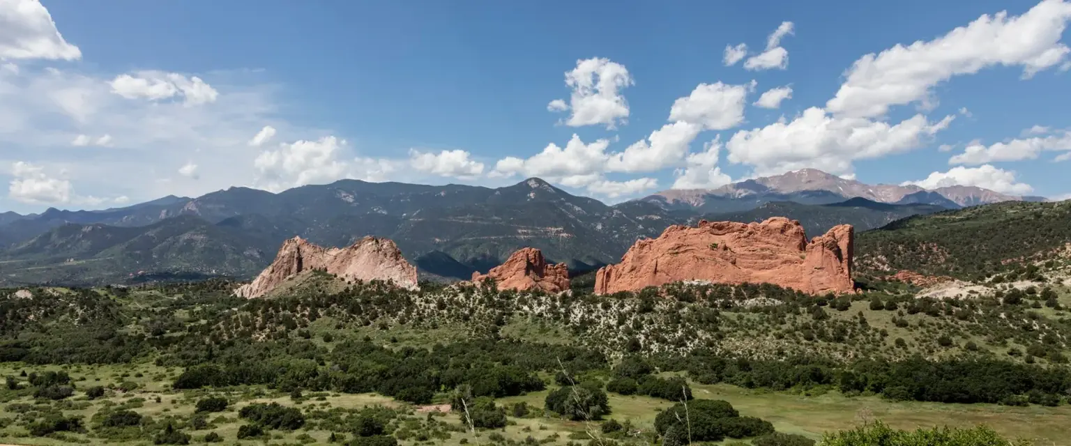 Photo: the red rock formations of Garden of the Gods with Pikes Peak behind