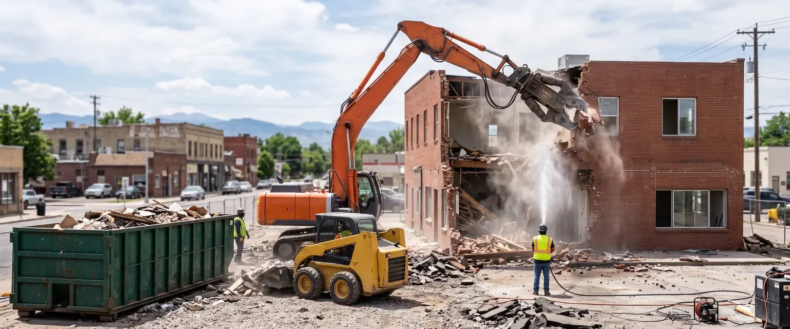 Generated image: a high-reach excavator with a shear taking down a small commercial building beside a roll-off dumpster
