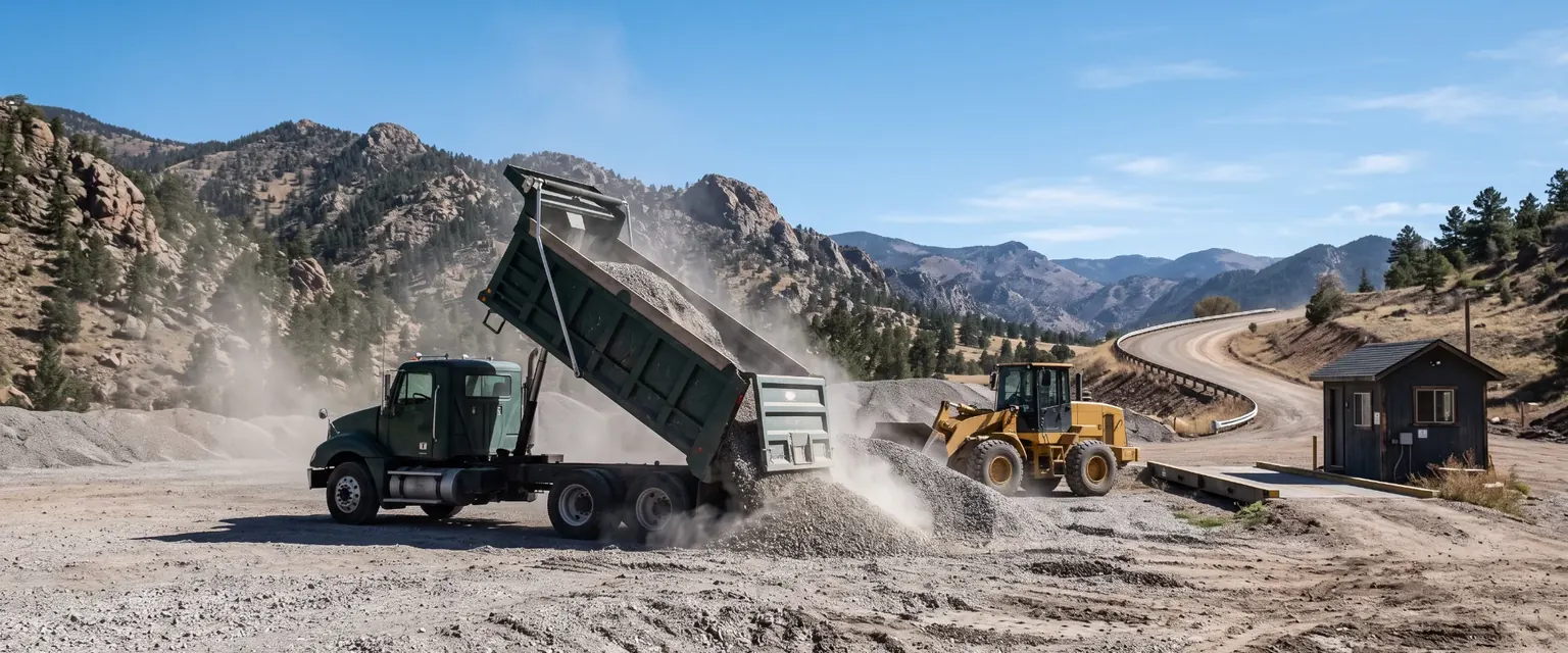 Generated image: a dump truck tipping road base at a gravel pit loadout beside a wheel loader and a scale house