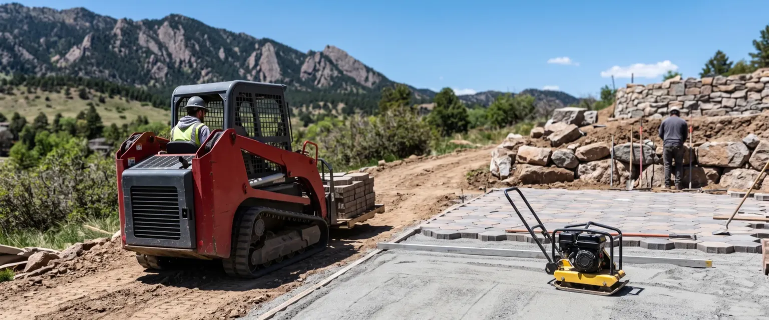 Generated image: a track loader carrying a pallet of pavers to a half-laid patio with a plate compactor and a stone wall in progress