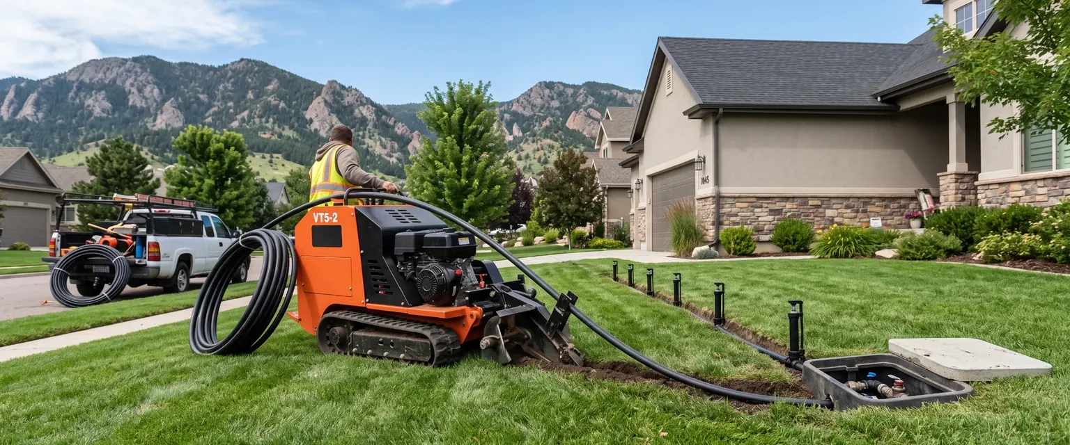 Generated image: a vibratory plow pulling pipe across a lawn with an open valve box and sprinkler heads in a row
