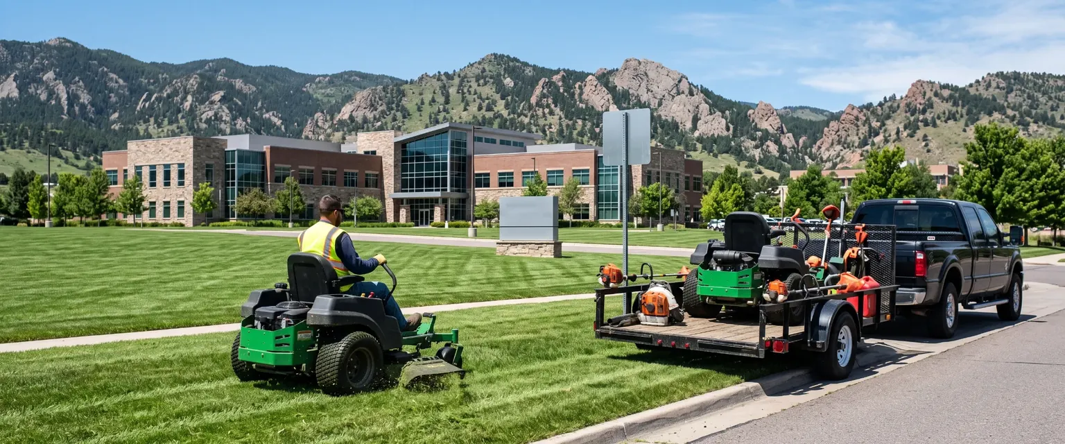 Generated image: a zero-turn mower on a commercial lawn with a landscape trailer of mowers and trimmers at the curb