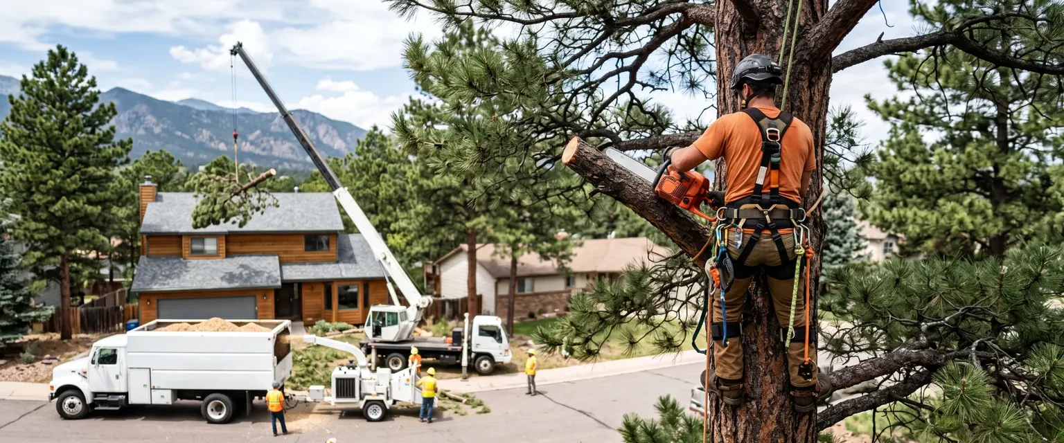 Generated image: a climber in a harness in a tall pine with a chainsaw, a chipper and chip truck below, and a crane lifting a limb over a roof